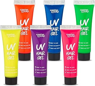 UV Neon Hair Gel Set - 6 Bright Non-Toxic Colors with Black Light Glow for Raves, Parties, Clubs, Halloween Costume - Non-Toxic Temporary Wash Out Color - by Splashes and Spills