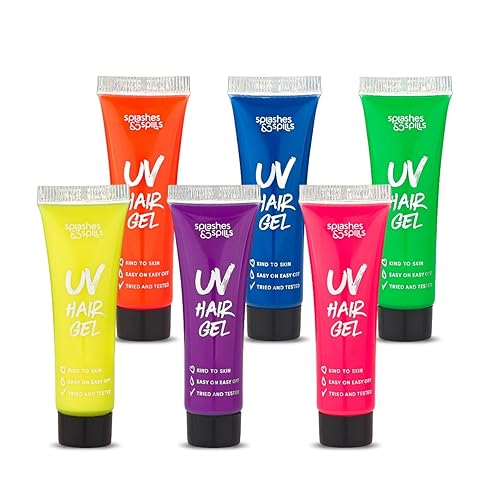 Splashes and Spills - Juego de gel para el cabello de neón UV, 6 colores brillantes no tóxicos con luz negra que brilla para raves, fiestas, clubes,