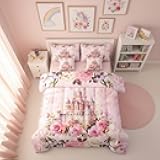 Manfei Girls Princess Full Bedding Set 7 Pieces,Cartoon Castle Pink Comforter Sets,Blooming Flowers Bedding Comforter Sets with 1 Comforter,2 Pillowcases,2 Pillow Covers,1 Flat Sheet,1 Fitted Sheet