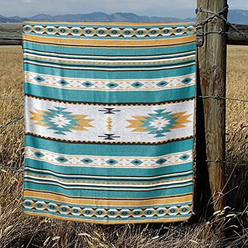Aztec Patterned Throw Blanket with Soft Sherpa Lining, Traditional Southwestern Navajo Tribal Style Warm Throw for Camping, Outdoor, Light Weight Cozy Boho Blanket for Couch, Bed, 127x152cm, Teal