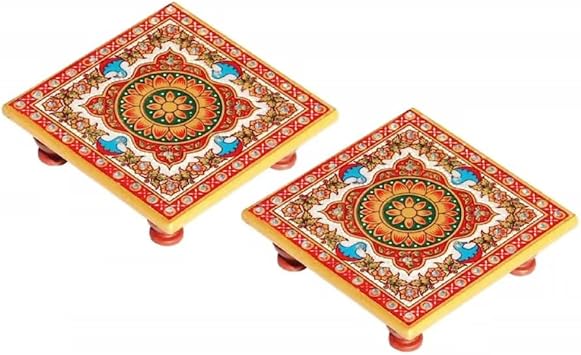 IGH Intricate Floral Painted Marble Chowki 10.2 cm x 10.2 cm x 2.55 cm, Return Gifts, Wedding Gifts. Pack of 5