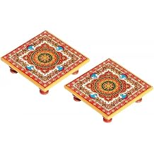 IGH Intricate Floral Painted Marble Chowki 10.2 cm x 10.2 cm x 2.55 cm, Return Gifts, Wedding Gifts. Pack of 15