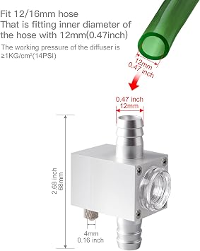 External Inline CO2 Diffuser Atomizer Aluminum Alloy for Planted Aquarium 12 mm