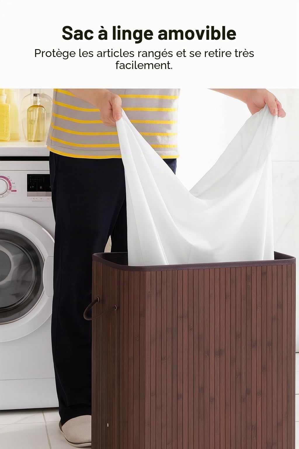 Panier à linge en bambou, 72 L – Collecteur de linge avec 2 compartiments – brun, avec couvercle et fermeture éclair – pour linge clair et linge foncé – pour salle de bain, chambre ou buanderie (Brun)