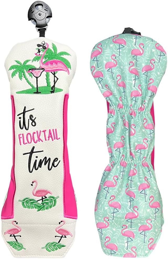 Giggle Golf Flamingo Golf Head Covers – Driver, Fairway, Hybrid & Putter – Tropical Black Flamingo Design - Great Gift