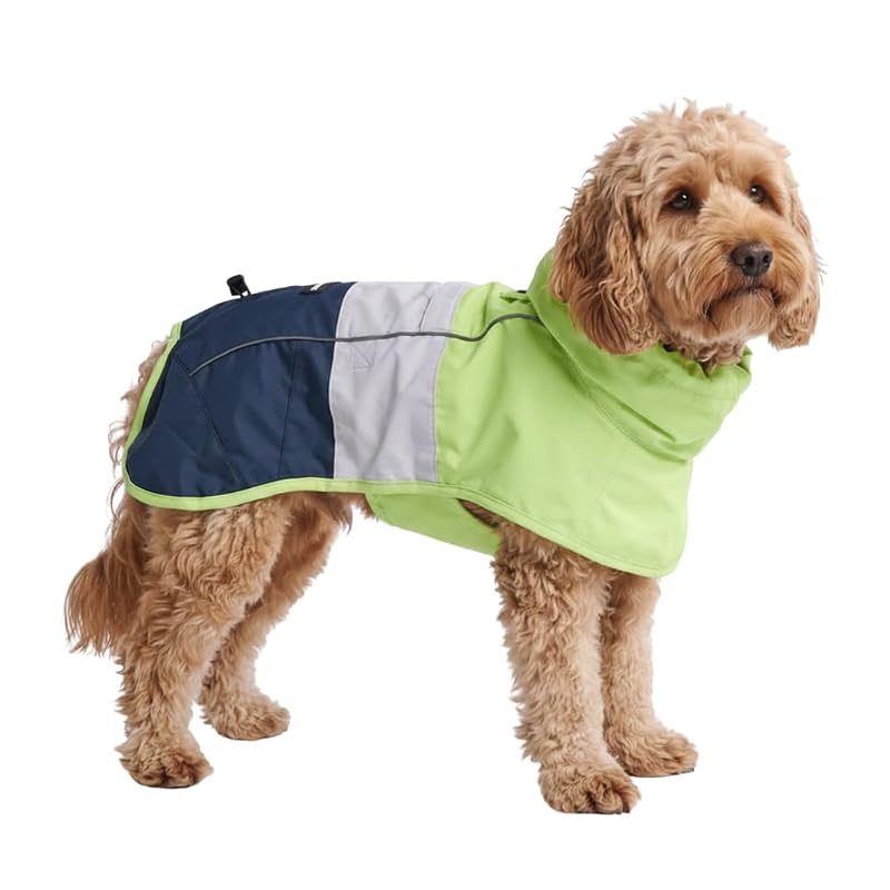 Capa de Chuva para Cães Spark Paws em Nylon e Mesh com Capuz, Branco Neon/Azul-Marinho, Tamanho Médio