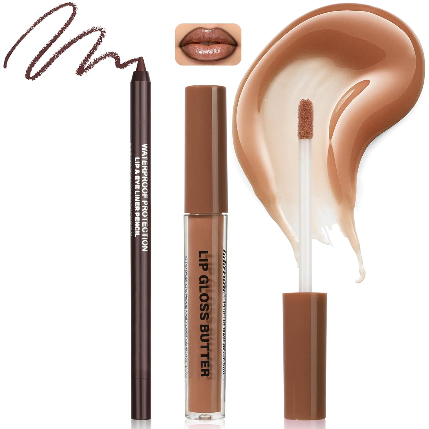 Nourishing & Plumping High-Shine Glossy Lip Oil, Fresh Duo Moisturizing Mini Gloss with Brown Liner, 【Lightweight】【 Non-Sticky】【Long Wear 】 Lip-Makeup Set Liquid Lipstick for Women (08+23)