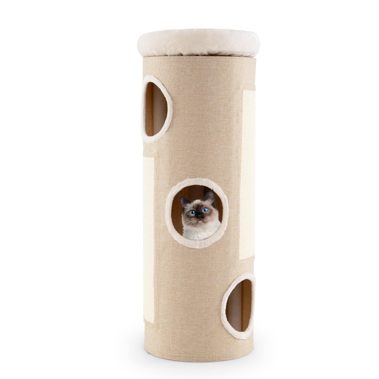 GYMAX Albero per Gatti a Forma di Barile, Casa a Più Livelli con 3 Ingressi e Letto in Pile Rimovibile, Torre da Interno con Copertura Rimovibile e Tiragraffi, per Gatti Adulti e Gattini, Beige