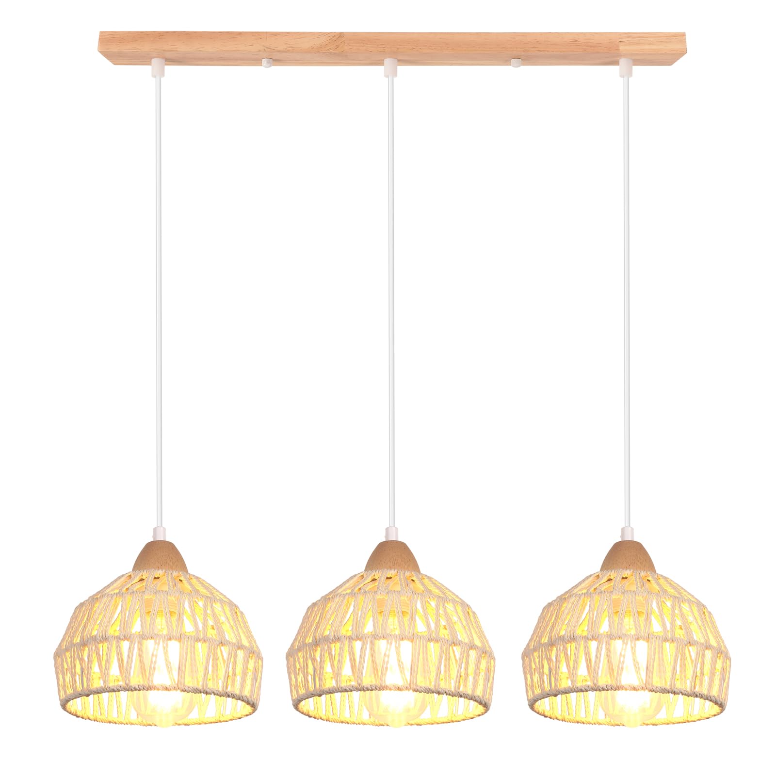 iDEGU Vintage Pendelleuchte 3-flammig Kronleuchter aus Holz Rattan Lampenschirm 20cm E27 Hängeleuchte Dekoration Retro Hängelampe für Esszimmer, Schlafzimmer, Wohnzimmer, Küche (Cremeweiß, Balken)