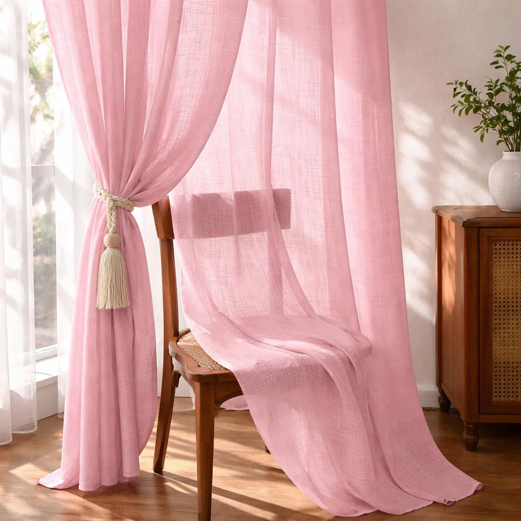THE LINEN COMPANY Cotton Linen Extra Long Sheer Door Drapes, Semi Transparent Light Filtering Curtain with Rod Pocket, Elegant Privacy Panel for Home & Living Room, Baby Pink, 09 Feet, Pack of 2