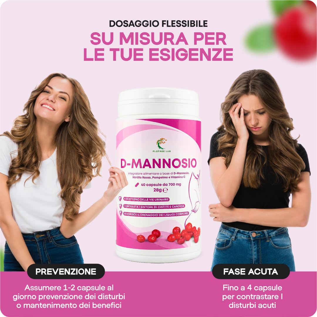 FloTree Lab® D Mannosio Cistite con Cranberry (Mirtillo Rosso), Pompelmo e Vitamina C, Dmannosio Puro 2000 mg, Integratore Vie Urinarie Donna Uomo Naturale, 40 Capsule