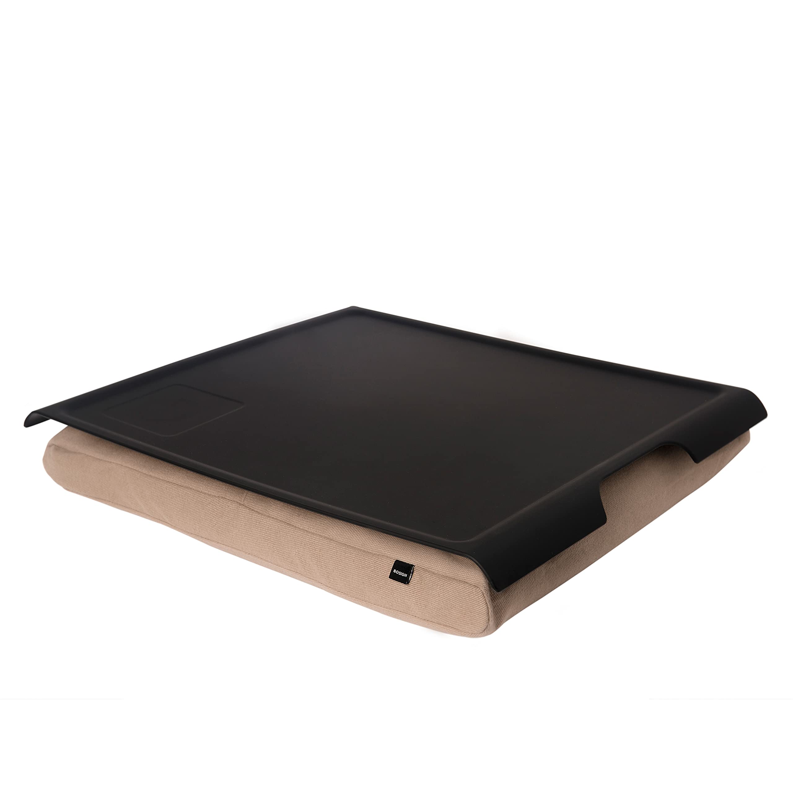 Knietablett Laptray mit Sitzsack-Kissen für Laptop, Frühstück. Rutschfestes Tablett. Abnehmbarer und waschbarer Kissenbezug. Schwarzes Tablett. Braunes Kissen. Groß - 46 x 38 x 6,5 cm