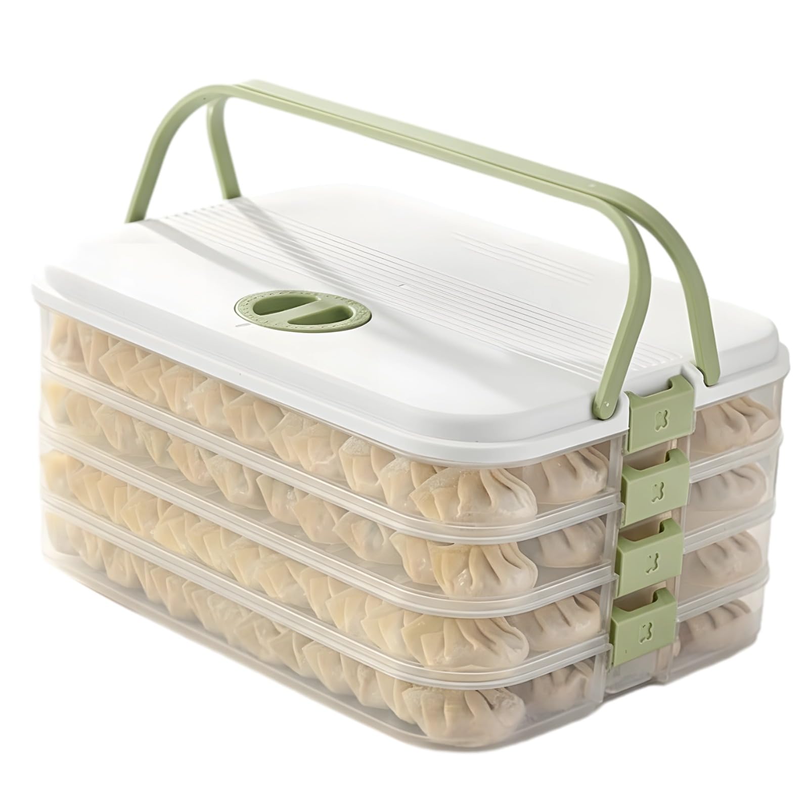 Dumpling Aufbewahrungsbehälter, 4-lagiger stapelbarer Organizer für Tiefkühl-Lebensmittel mit tragbarem Griff, verschlossene Kühlschrankbox für Dumplings, Cookies, Gebäck, 30 cm x 22,5 cm x 14,5 cm