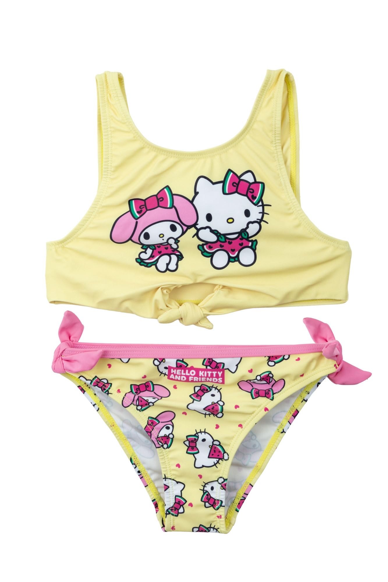 Hello Kitty Friends Bikini Niña 2 Piezas Disfraz Mar Piscina 82% Poliéster 18% Elastano Impresión Oficial Tallas 3-8 Años Rosa y Amarillo