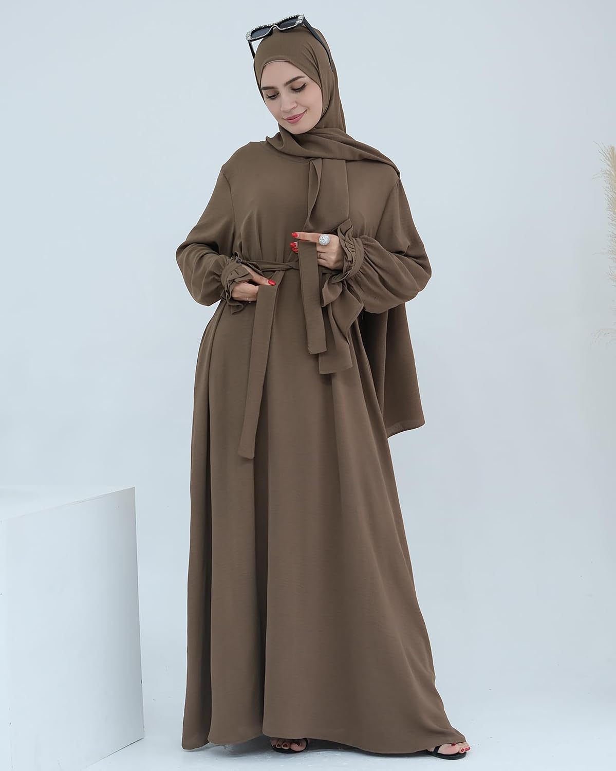 Hooded Prayer Dress Women Flowy Abaya Muslim Dress with Hijab Modest Long Sleeve Robe with Scarf
