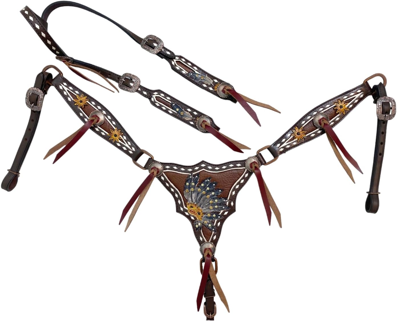 Premium Argentina Cow Leather Headstall and Breast Collar Set with Sunflower Feather Design and String Conchos Western Tack for Horse Riding