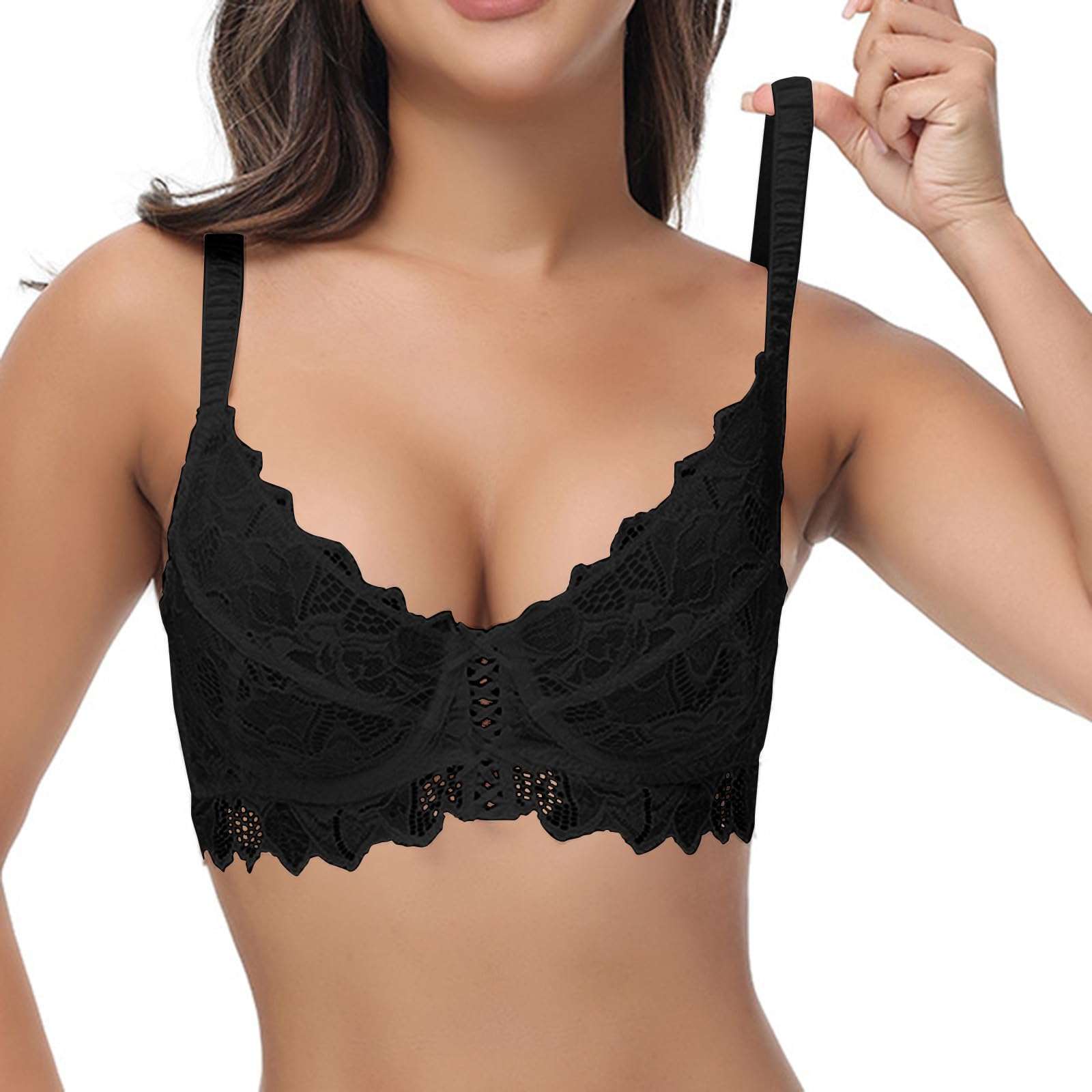 Soutien Gorge sans Armature Sexy Col en V Push Up Brassière Maintien Extreme Soutien Gorge Dentelle Bretelles Réglables avec Dentelle Décoratifs