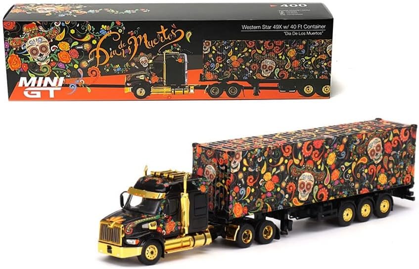 MINI GT True Scale Model Car Compatible with Western Star 49X with 40 Ft Container Day of The Dead ''Dias De Los Muertos'' Limited Edition 1/64 Diecast Model Car MGT00400