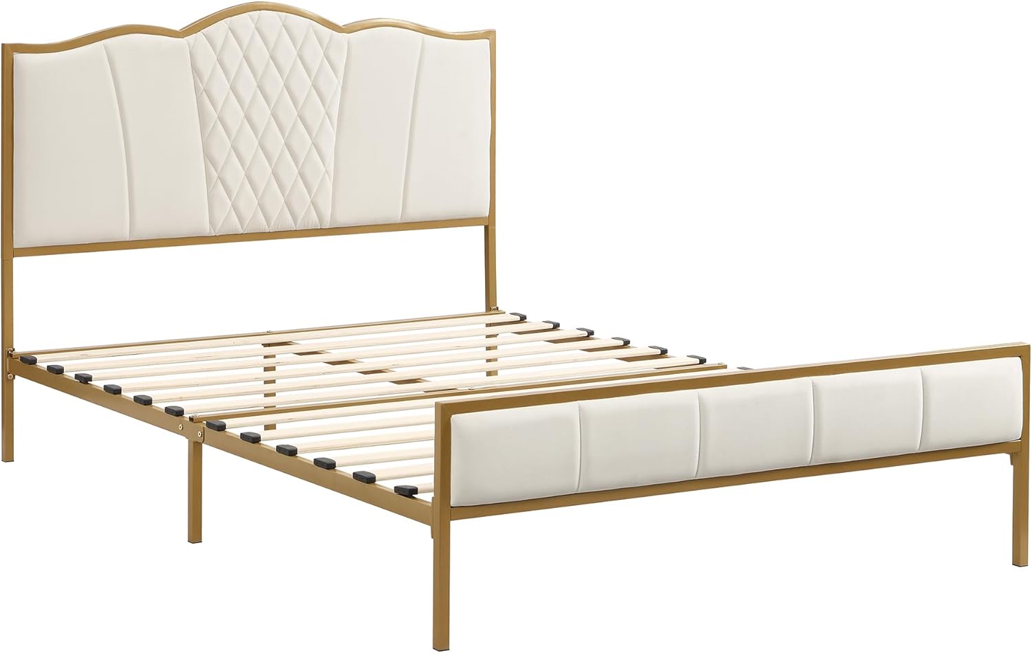 Harper & Bright Designs Queen Size Bed Frame, Upholstered Queen Platform Bed with Tufted Headboard, Heavy Duty Metal Queen Bed with Wood Slat Support, Noise Free, No Box Spring Needed, (Beige+Gold)