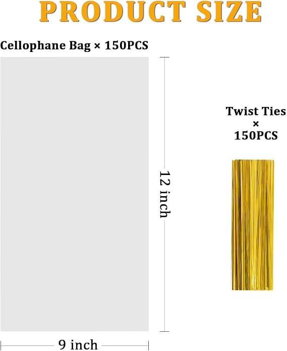 Labeol 150pcs Cellophane Bags 9x12 Treat Bags with Ties Clear Gift Candy Bag Cookie Bag for Packaging Party Favor Plastic Gift Wrap Easter