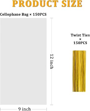 Labeol 150pcs Cellophane Bags 9x12 Treat Bags with Ties Clear Gift Candy Bag Cookie Bag for Packaging Party Favor Plastic Gift Wrap Easter