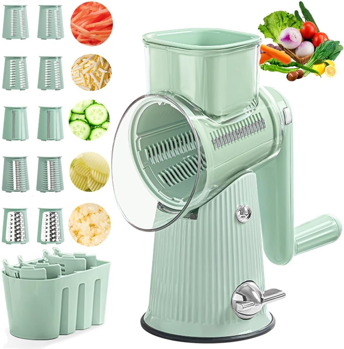 Rallador de queso rotativo, rallador de queso 5 en 1 con asa, cuchillas inoxidables reemplazables, cortador de queso y verduras, utensilios de