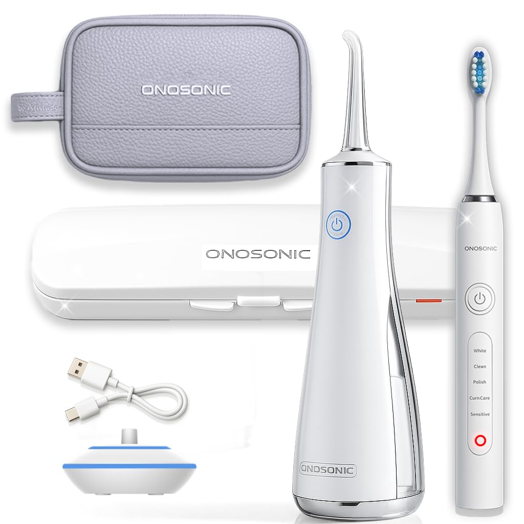 ONOSONICDX-1 Electric Toothbrush + FREE DF-1 Water Flosser & FREE Travel Pouch included - Teeth Whitening, Coffee Stain Prevention, Eliminates Bad Breath, sonic tongue cleaner