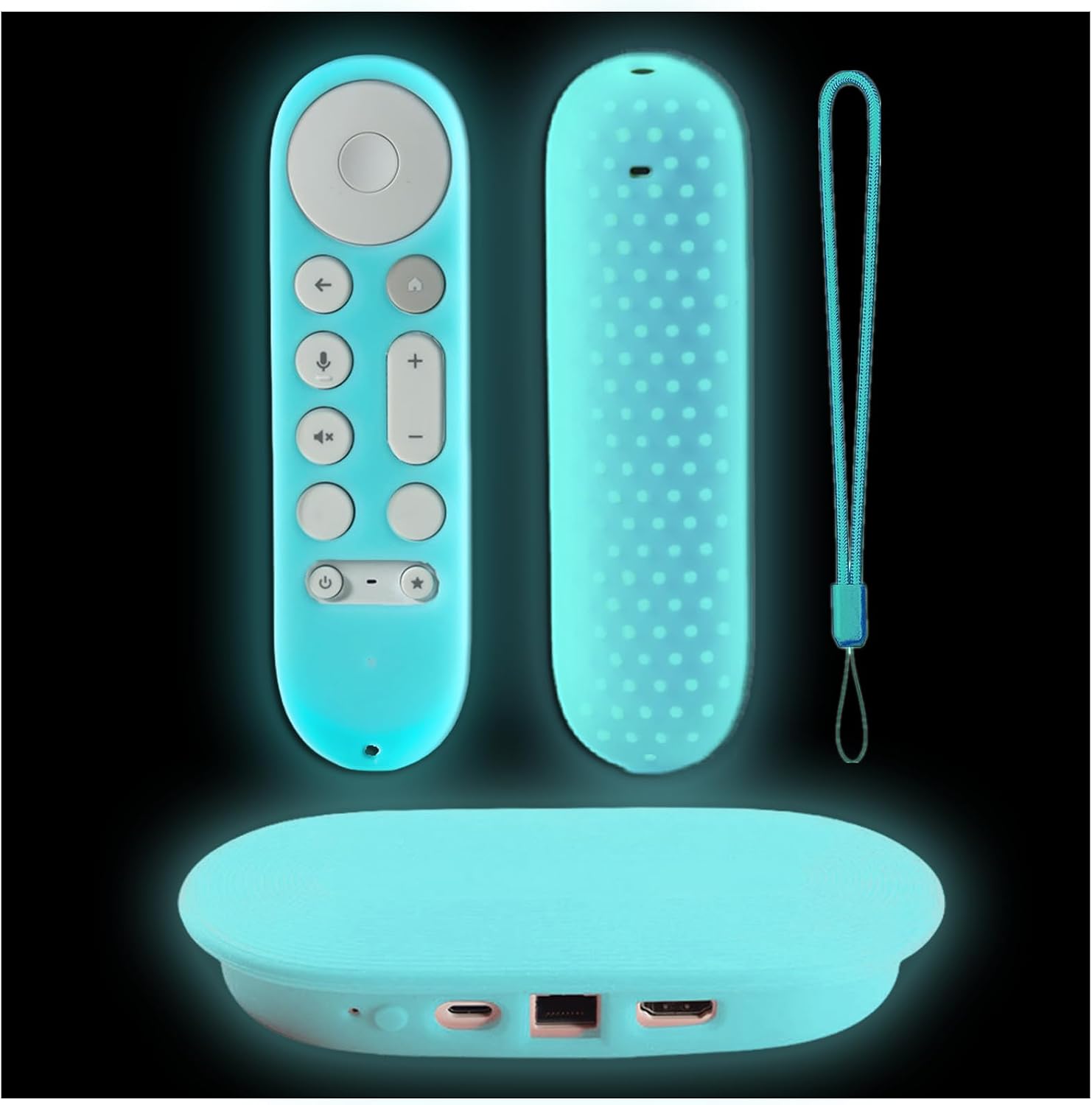 Protective Sleeve Set for Google TV Streamer 4K 2024 Chromecast Streamer 4K | Host Box and Voice Remote,Silicone,Remote Case and Box Cover,Glow in the Dark,Glow Sky Blue,Anti-Slip,TV remote controls