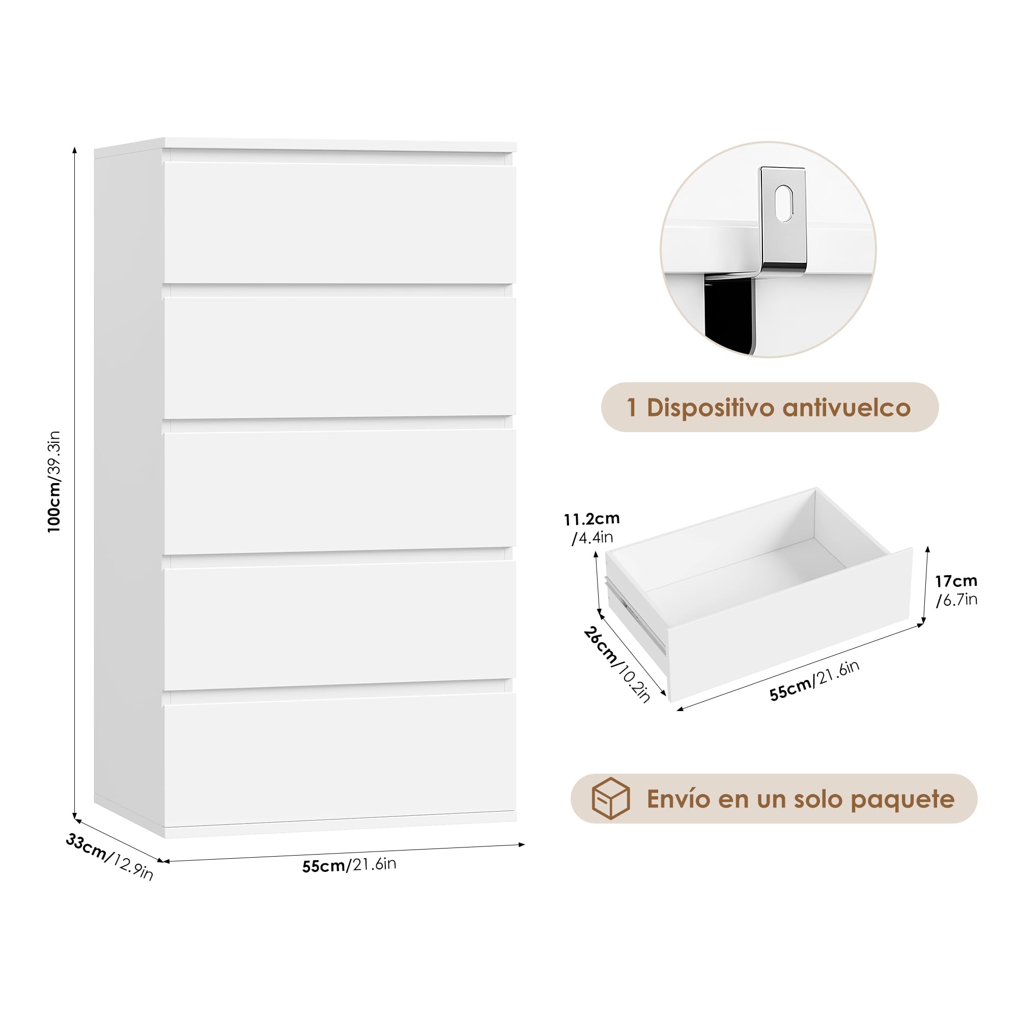 FOREHILL 100cm Cómoda Dormitorio con 5 Cajones, Sinfonier Alto | Cajonera de Almacenaje, Cómoda Blanca para Dormitorio, Cajonera de Almacenaje de Madera para Oficina Habitación 55×33×100cm