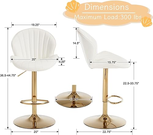 Miniatura 2 de Juego de 2 taburetes de bar giratorios modernos de cuero, de altura ajustable, sillas de bar con respaldo de concha, taburetes de isla de cocina