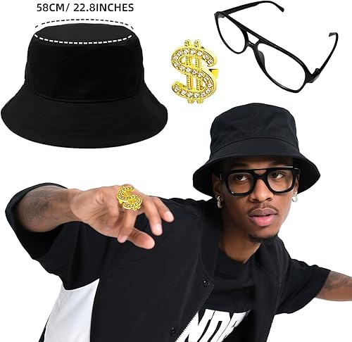 Miniatura 4 de 90s Accessories Outfit for Men 80s Hip Hop Costumes Kit Fake Gold Chain Twist Leg Punk Sunglasses and Rings Adjustable Boom Box Rapper Accessories
