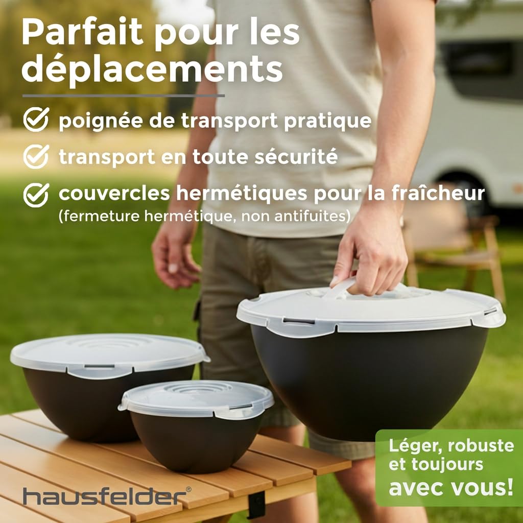 Hausfelder ensemble de saladiers avec couvercles 0,7-6l, set de saladier plastique noir, 4 grand bols sans bpa