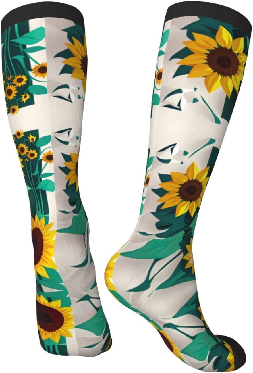Sunflower Bee Print Breathable Crew Neck Athletic High Socks,Suitable For Sports,Running,And Travel.