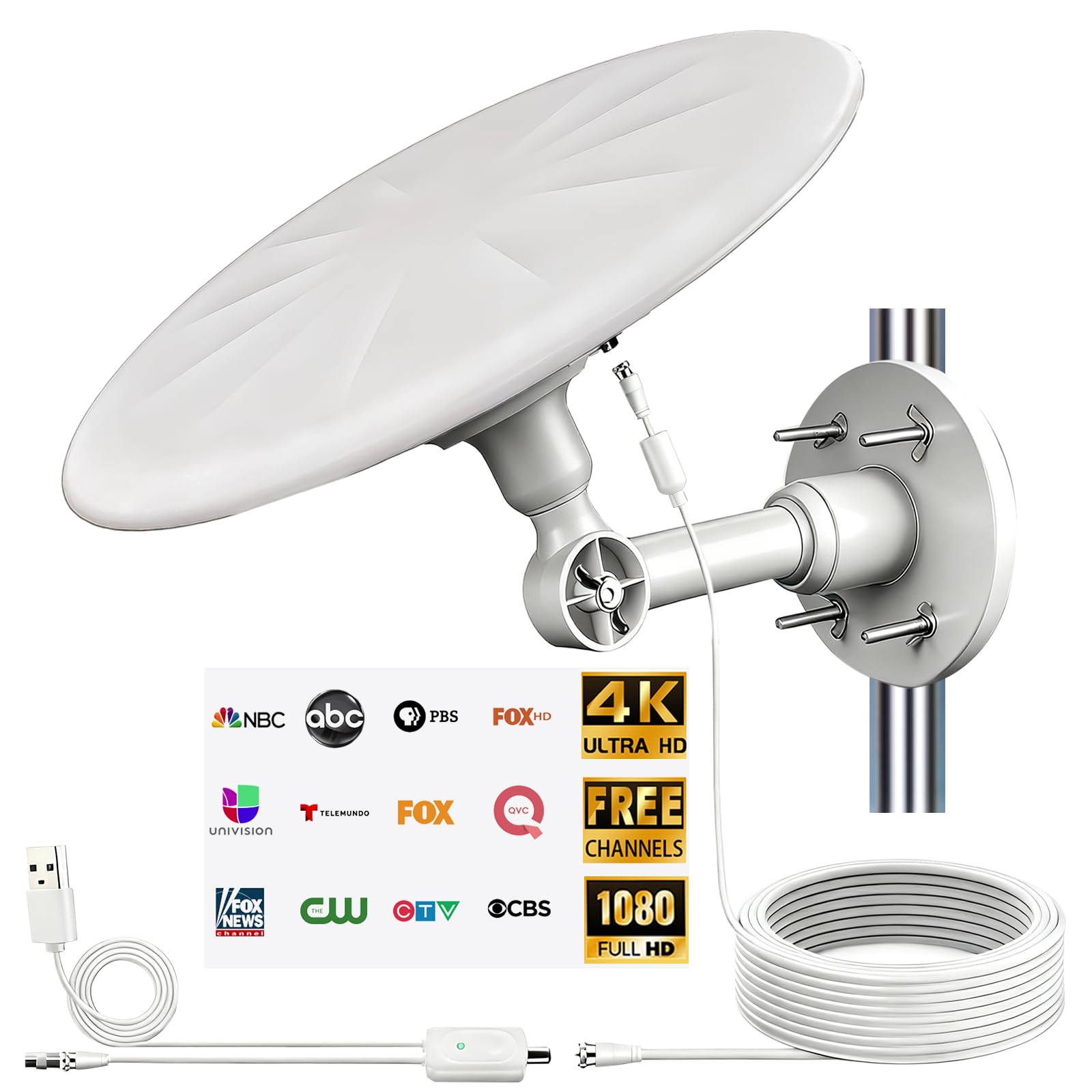 Omni Directional TV Antenna Outdoor, Outdoor Antenna for Smart TV, 720° Long Range Reception Digital HD Signal, with Super Signal Booster, for Attic/Camping/RV/Boat, 2026 Latest (White&amp;Larger)