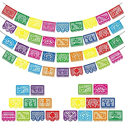 Uiopa 4 Pack Mexican Bunting Banner Party Decorations Colorful Garden Birthday Banner Plastic Waterproof Fabric Outdoor Bunting Flags for Day of The Dead, Mexican Fiesta Party, Cinco de Mayo, Easter Cover