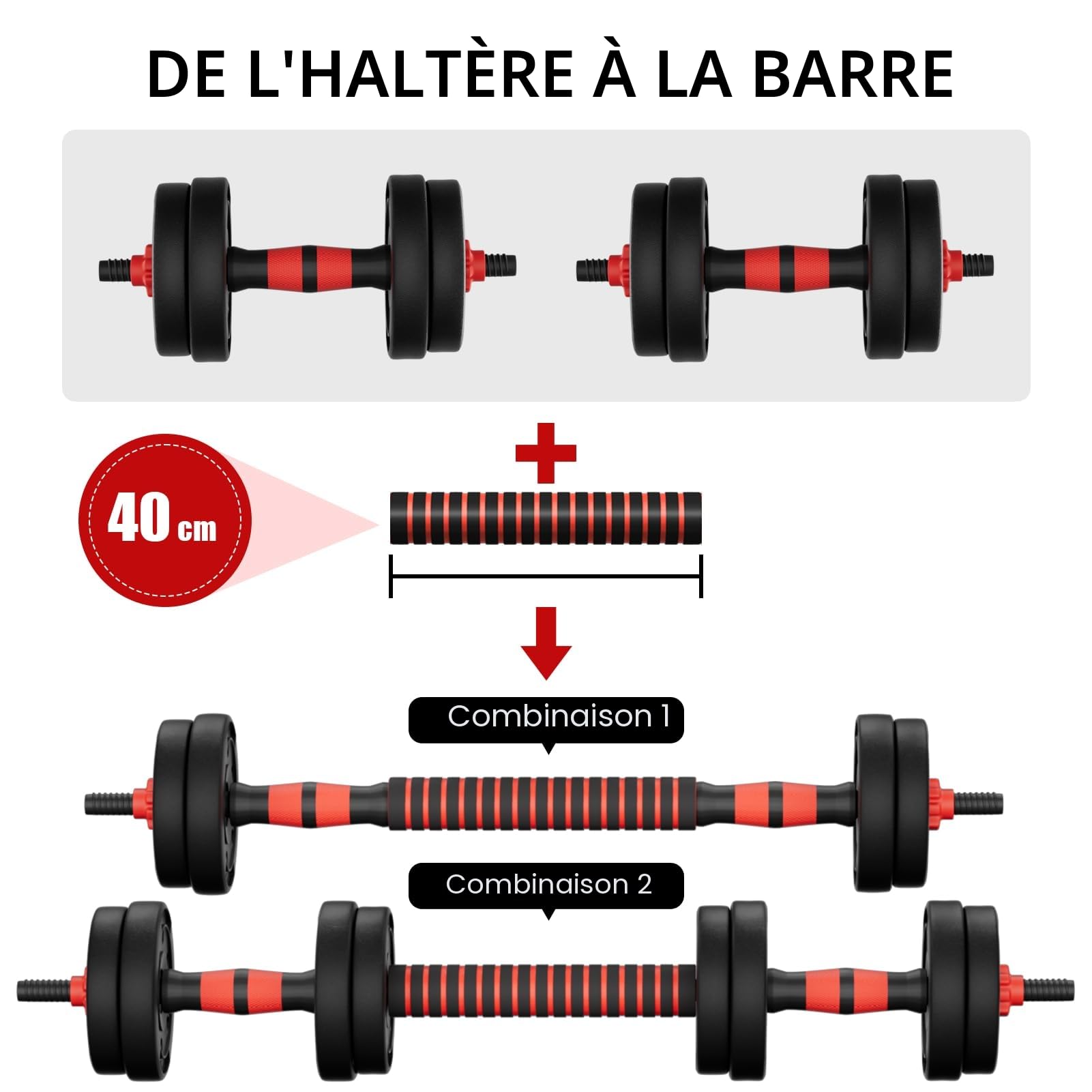 Haltere Musculation Reglable, Ensemble D'haltères Pour Hommes 2 En 1, Disque Musculation Dumbbells Barres Pour La Salle De Sport, Serrure De Sécurité+Avec Bielle,Noir