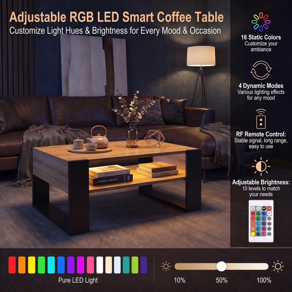 Mesa de Centro con LED y Espacio de Almacenamiento, Mesa de Salón de Madera, Moderna Mesa Baja Salon con Patas en Forma de U, para Salón, Rectangular, 92 x 47 x 45 cm, Madera y Negro