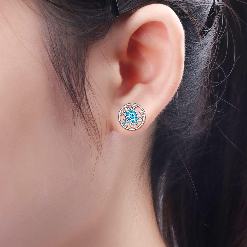 Turtle Earrings for Women Sterling Silver Hawaii Blue Opal Sea Turtle Wave Earrings Starfish Stud Animal lover Jewelry Gifts
