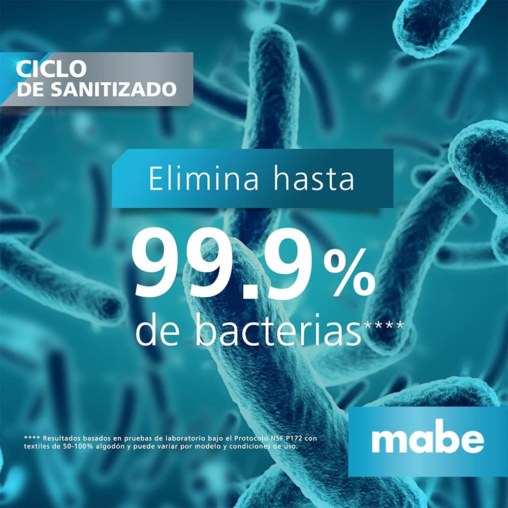Graphic illustrating the sanitizing cycle of the Mabe washer, showing 99.9% bacteria elimination