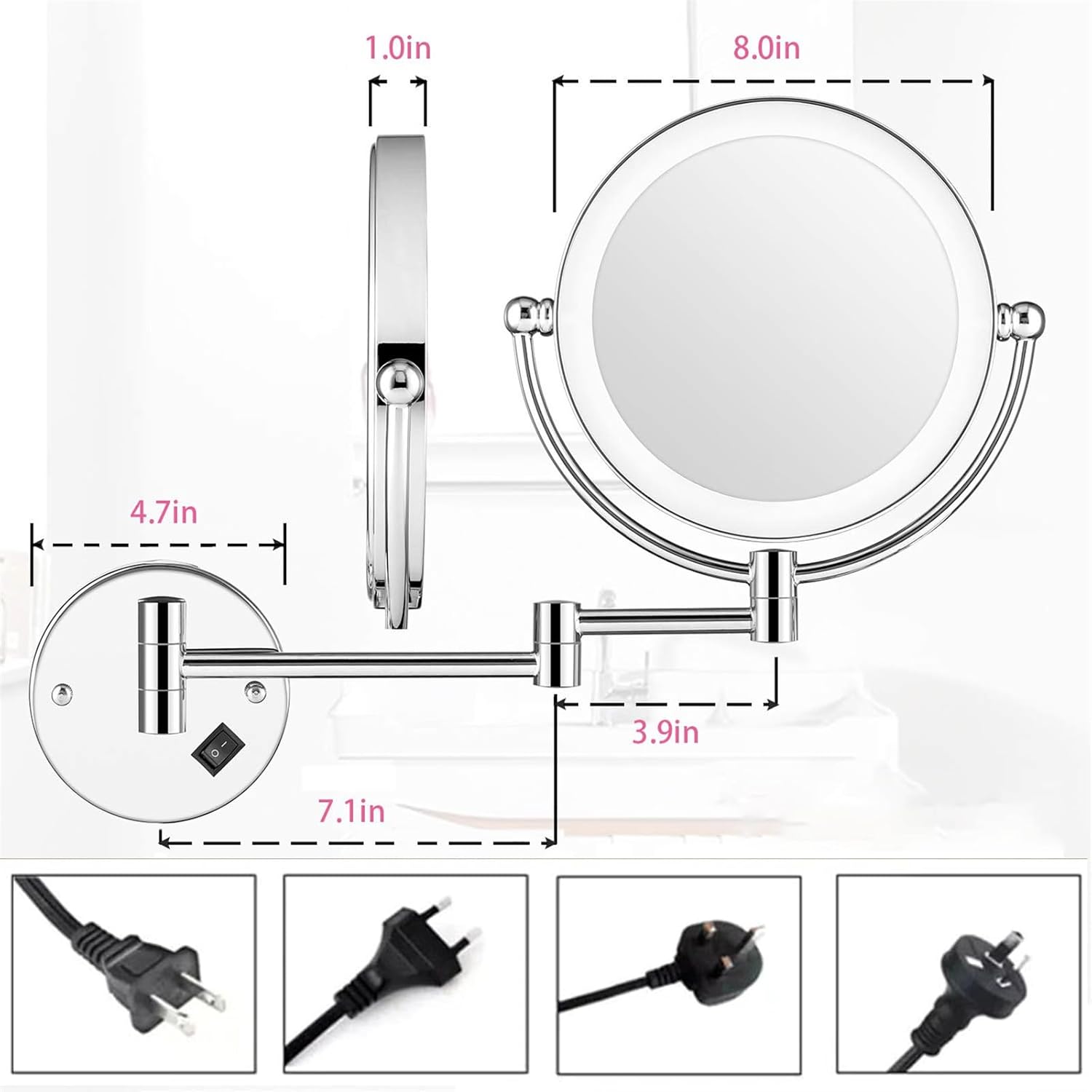 8 Inch Wall Mounted LED Lighted Makeup Vanity Mirror, Dual Sided 1X/10X Magnifying & 360° Swivel Extendable Cosmetic Mirror, HD Wall Mirror for Bathroom Shaving,Silver,Plug in