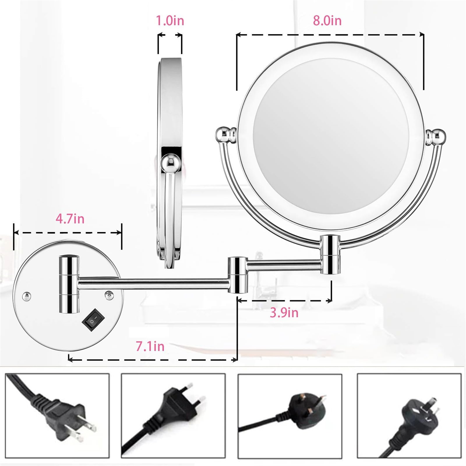 Espejo de tocador de maquillaje montado en la pared con aumento 1X/10X de doble cara de 8 pulgadas con iluminación LED, espejo cosmético giratorio de 360°, espejo de afeitar ,Brushed gold,Plug In