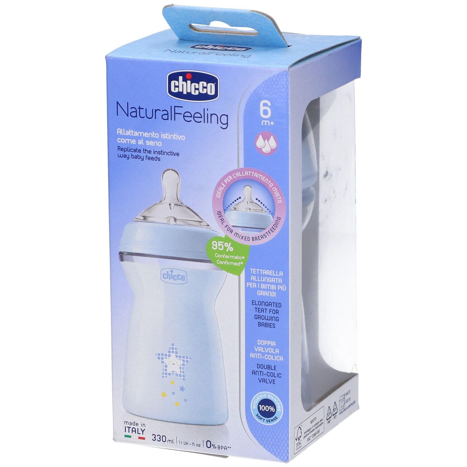 Chicco Natural Feeling Anti-Colic Baby Bottle 6+ Months 330 ml, Baby Bottle with Soft and Flexible Silicone Teat, Suitable for Breastfeeding, Blue