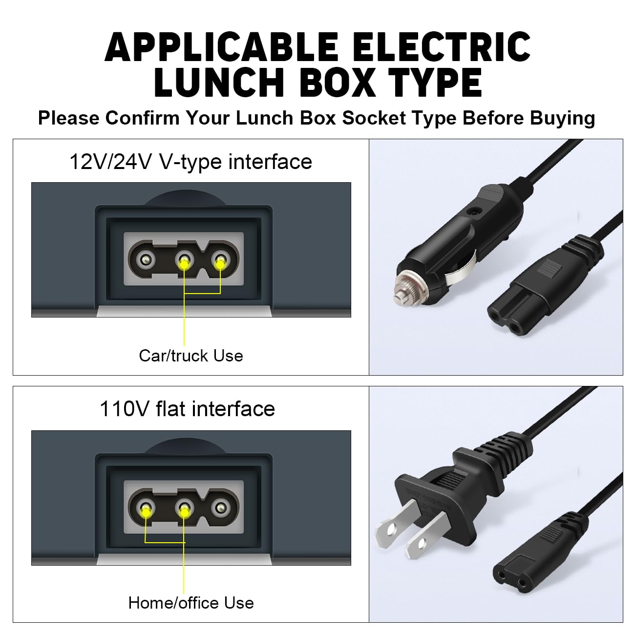 Fiambrera eléctrica, cable de alimentación solo compatible con 3 calentadores de alimentos Jack de alimentación, cable de ángulo plano de 110 V, uso doméstico/24 V tipo V para automóvil, no cable 6