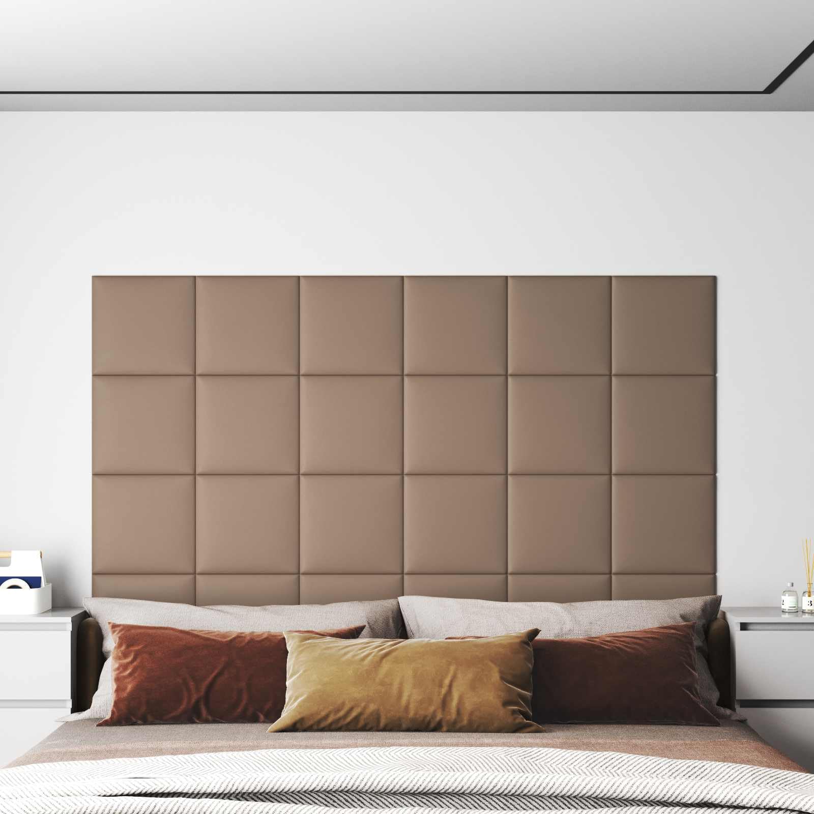 Juego de 12 cabezales de pared de 30 x 30 cm, tejido capuchino, revestimiento de pared para dormitorio, pared interior, renovación, moderno, montaje