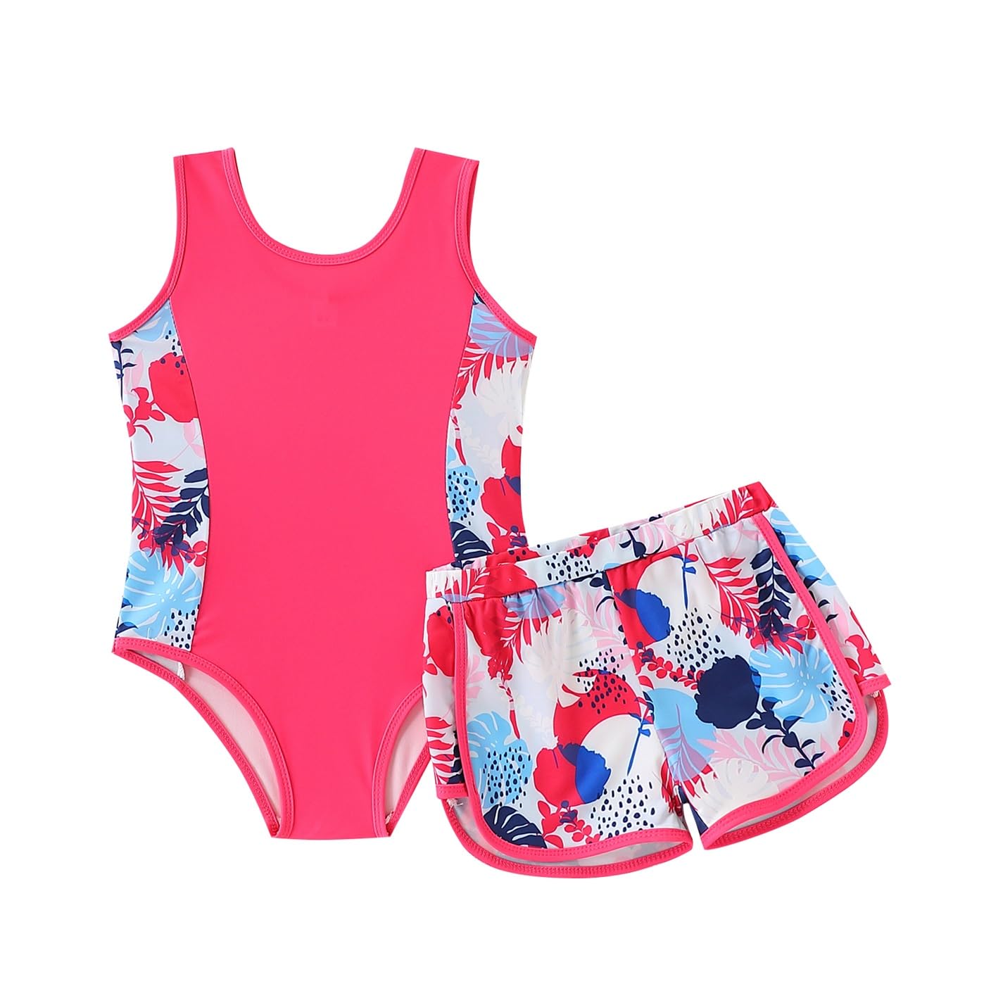 FtcoDcik Kid Girl Swimsuit Bikini Set 2PC Bathing Suit for Girls, Tropical Girls' Full Coverage Swimwear Shorts Set(11-12Y) Red