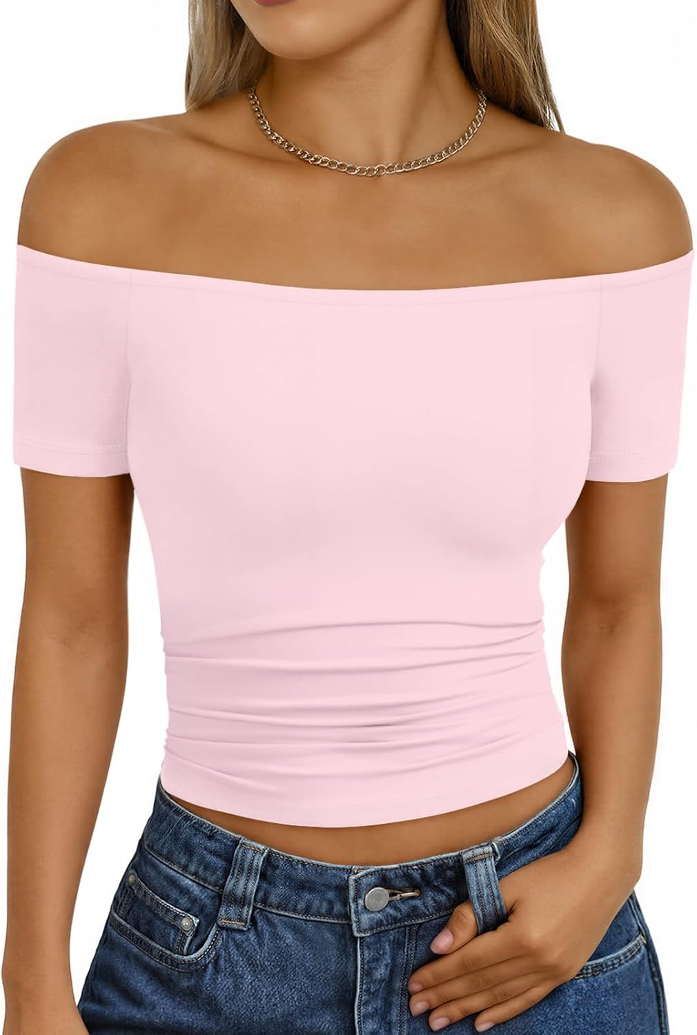 Trendy Queen Summer Off The Shoulder Tops for Women Going Out Short Sleeve Shirts Cute Y2K Sexy Basic Clothes 2026 Fashion