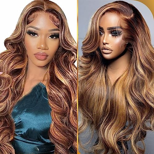 Ombre Lace Front Wig Human Hair 26 Inch 180% Density Body Wave Human Hair Wig P4/27 Highlight 13x4 HD Transparent Lace Front Glueless Wigs for Black Women Human Hair Pre Plucked Full And Thick（26）