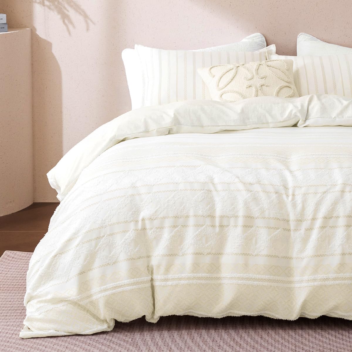 SLEEP ZONE Duvet Cover Set Twin, Luxury Jacquard Boho Diamond Soft and Breathable 3 Pcs Comfy Bedding Set Duvet Cover with Zipper Closure and 1 Pillow Shams, Beige
