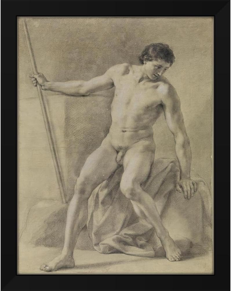 Anton Raphael Mengs 19x24 Black Modern Framed Art Print Titled: Seated Male Nude, Almost Frontal, Rod in the Right, Looking Down