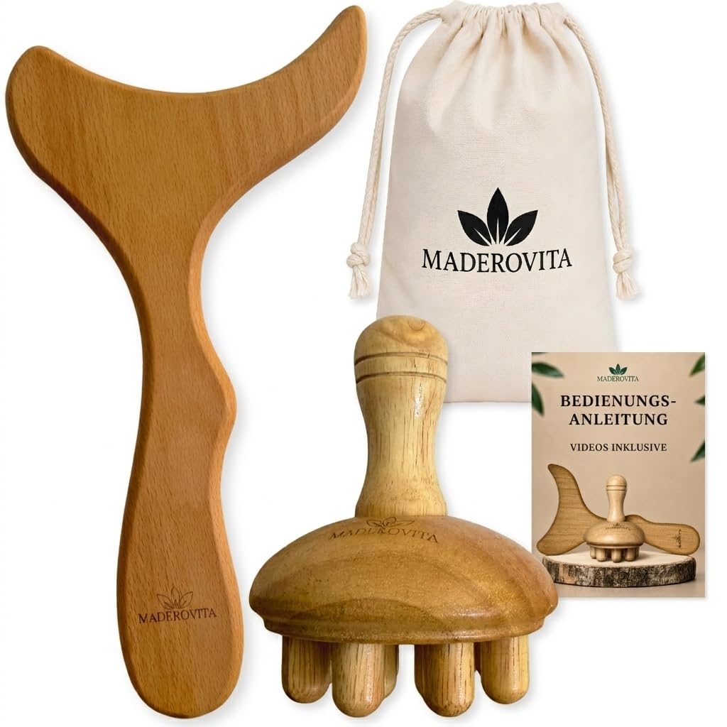 Maderotherapie Set Holz – Anti Cellulite Massage & Lymphdrainage Massagegerät – Körpermassage für Bauch Beine Po – inkl. Videoanleitungen – MADEROVITA
